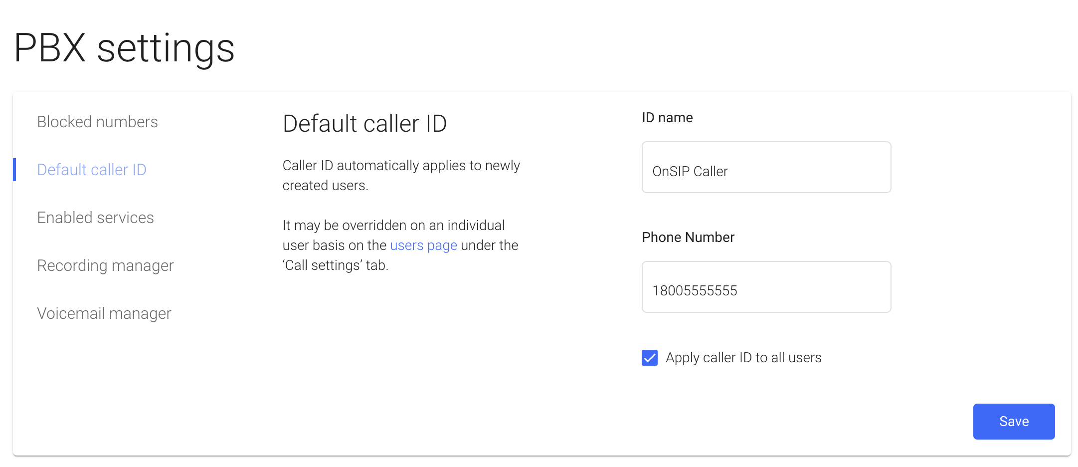 Screenshot of the default caller ID section in the OnSIP softphone app.