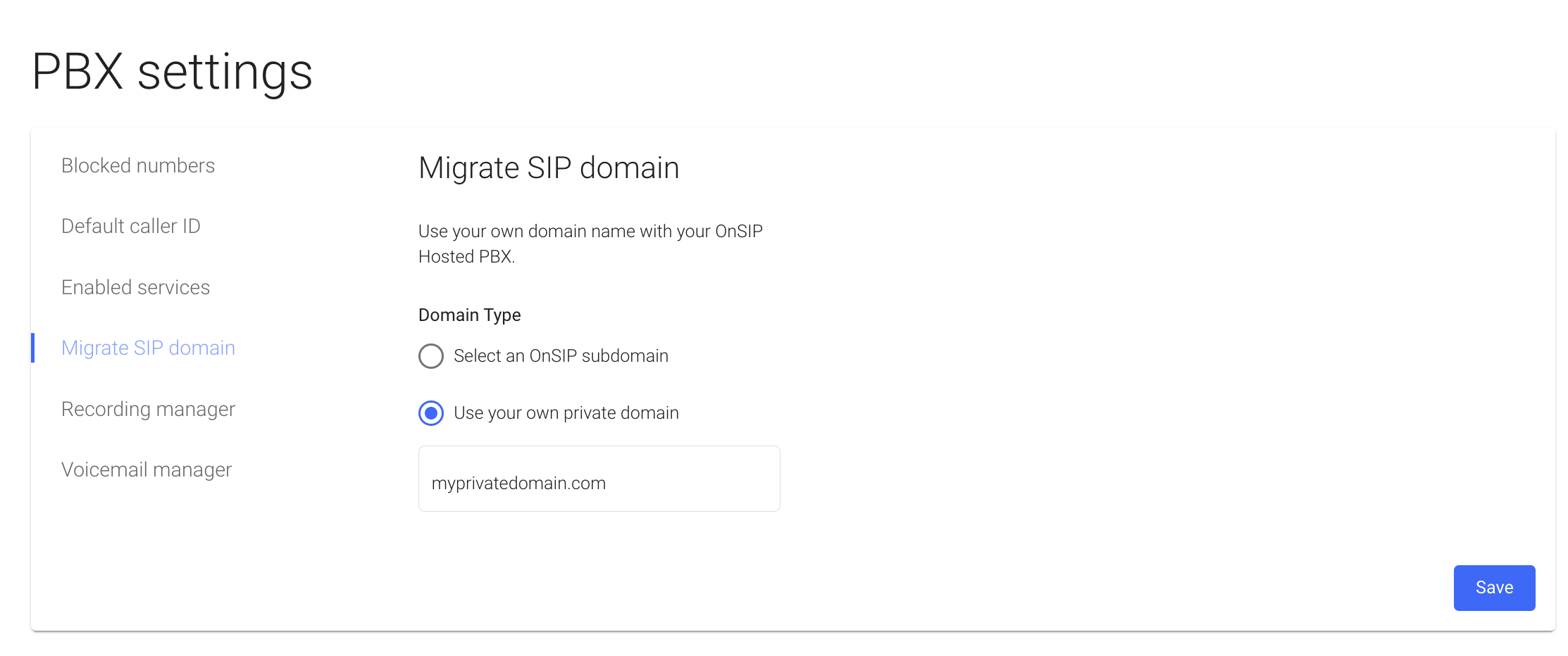 Screenshot of the migrate SIP domain feature in the OnSIP web app.