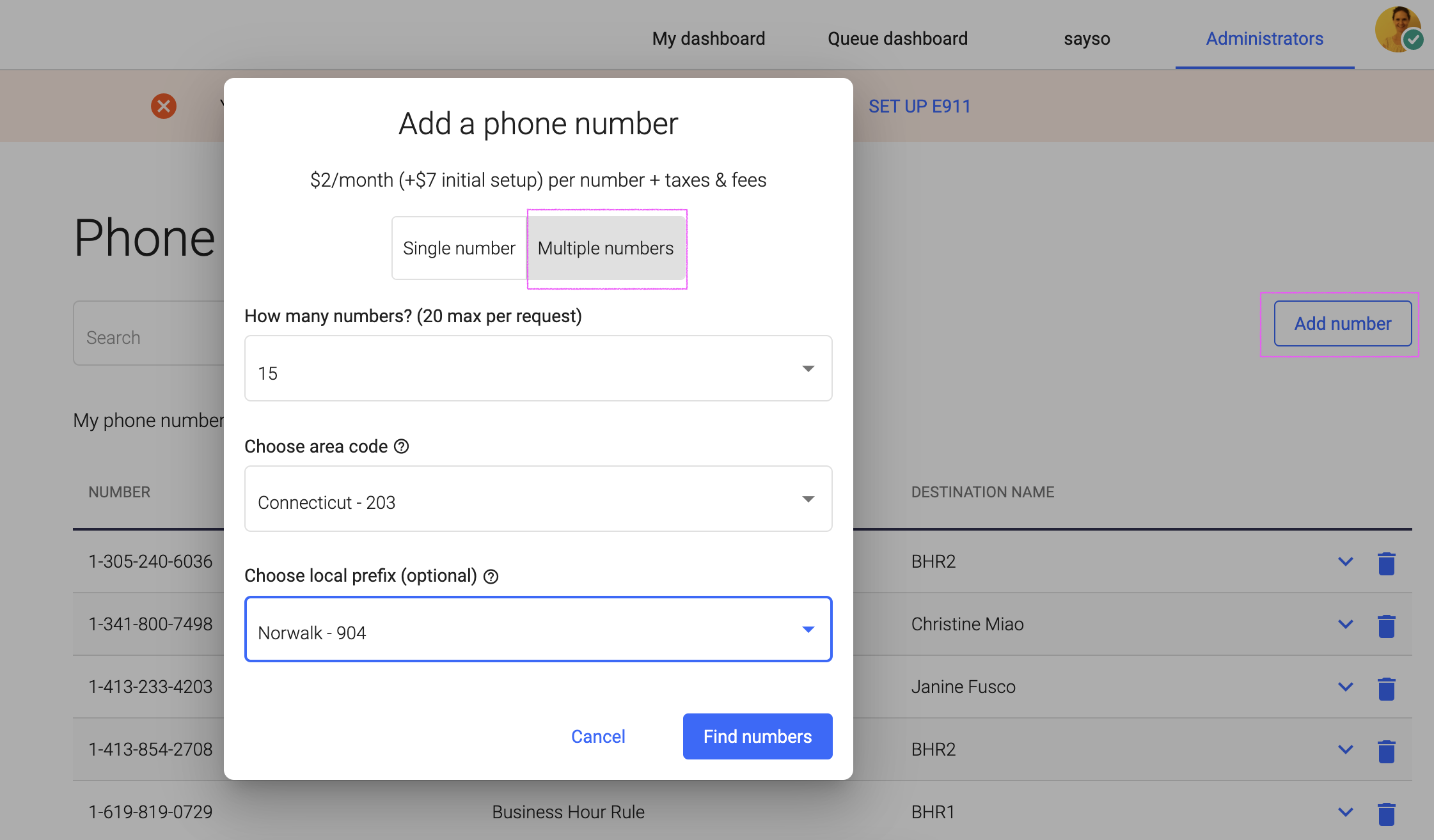 Screenshot of adding phone numbers in the admin portal