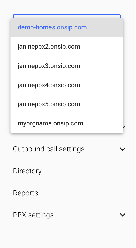 Screenshot of how to select a PBX in the OnSIP web app.