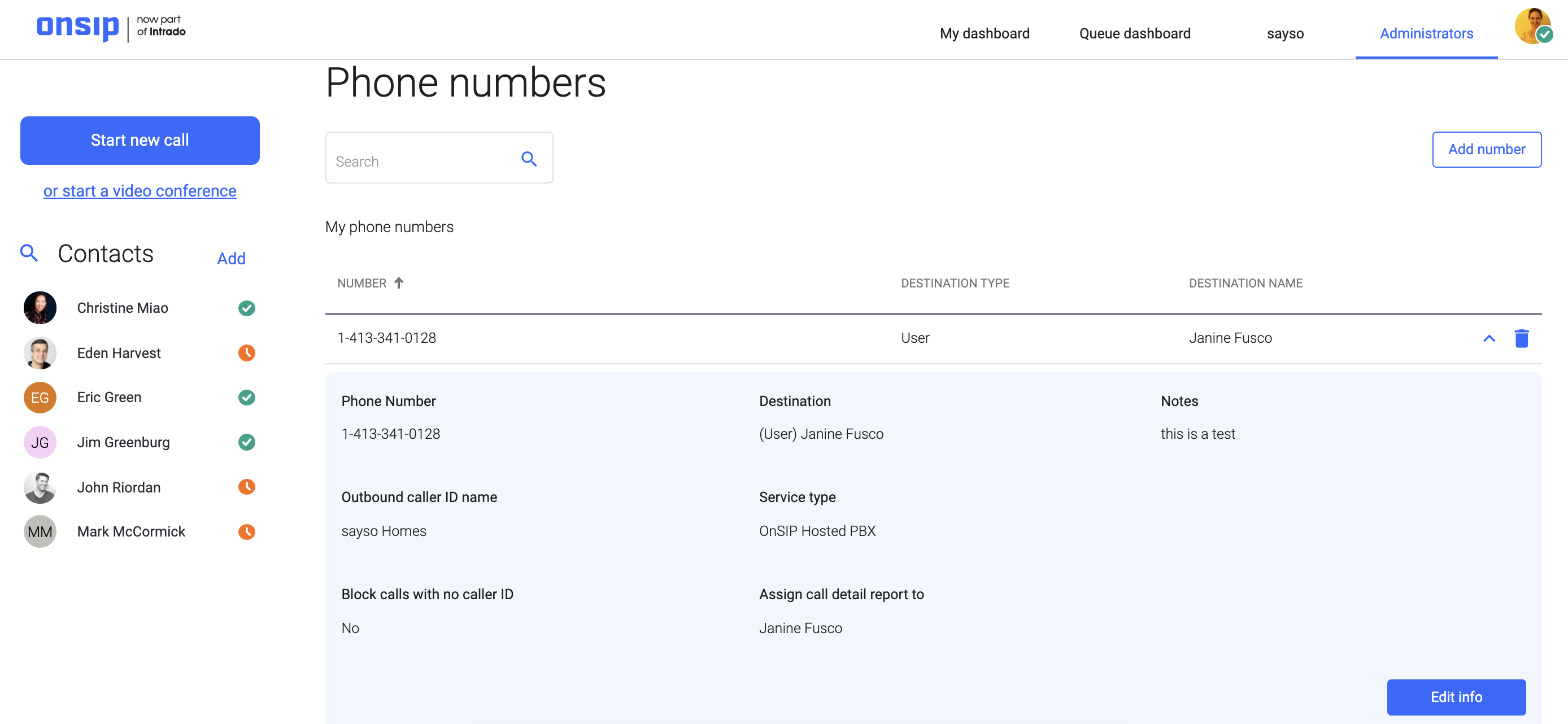 Screenshot of OnSIP Admin Portal phone number detail view.