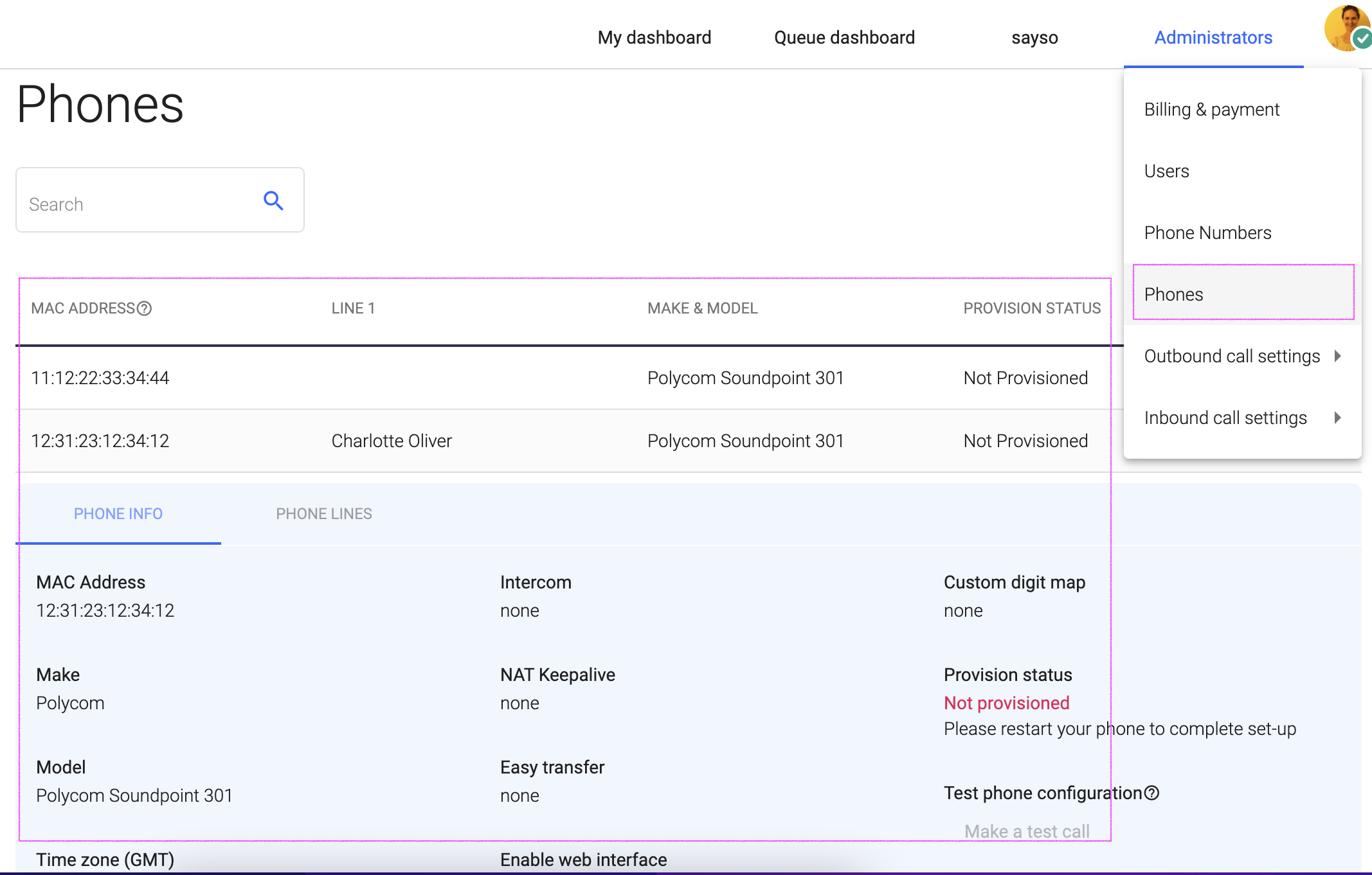 Screenshot of desk phone setup in the admin portal