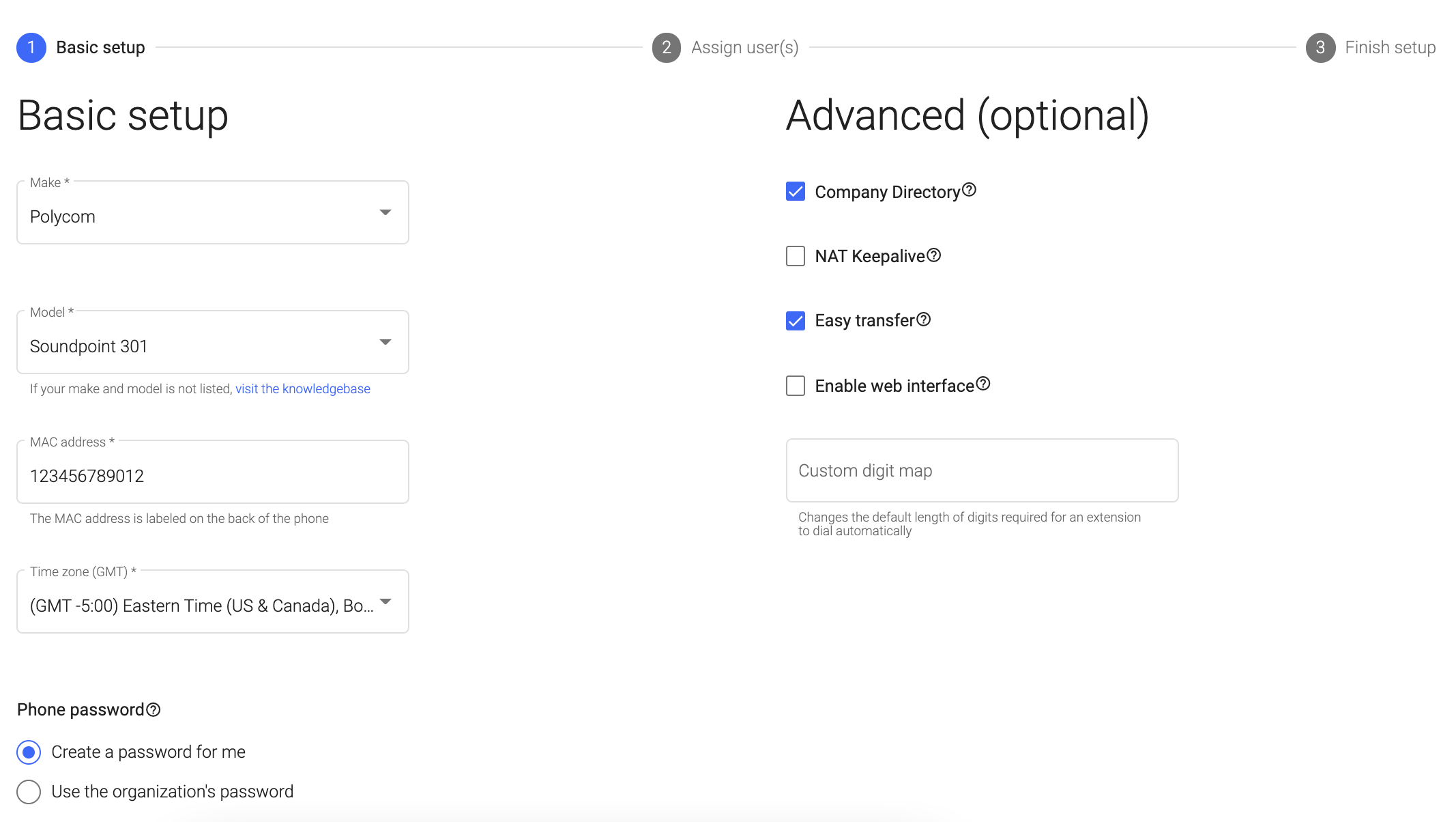 Screenshot of desk phone setup in the admin portal