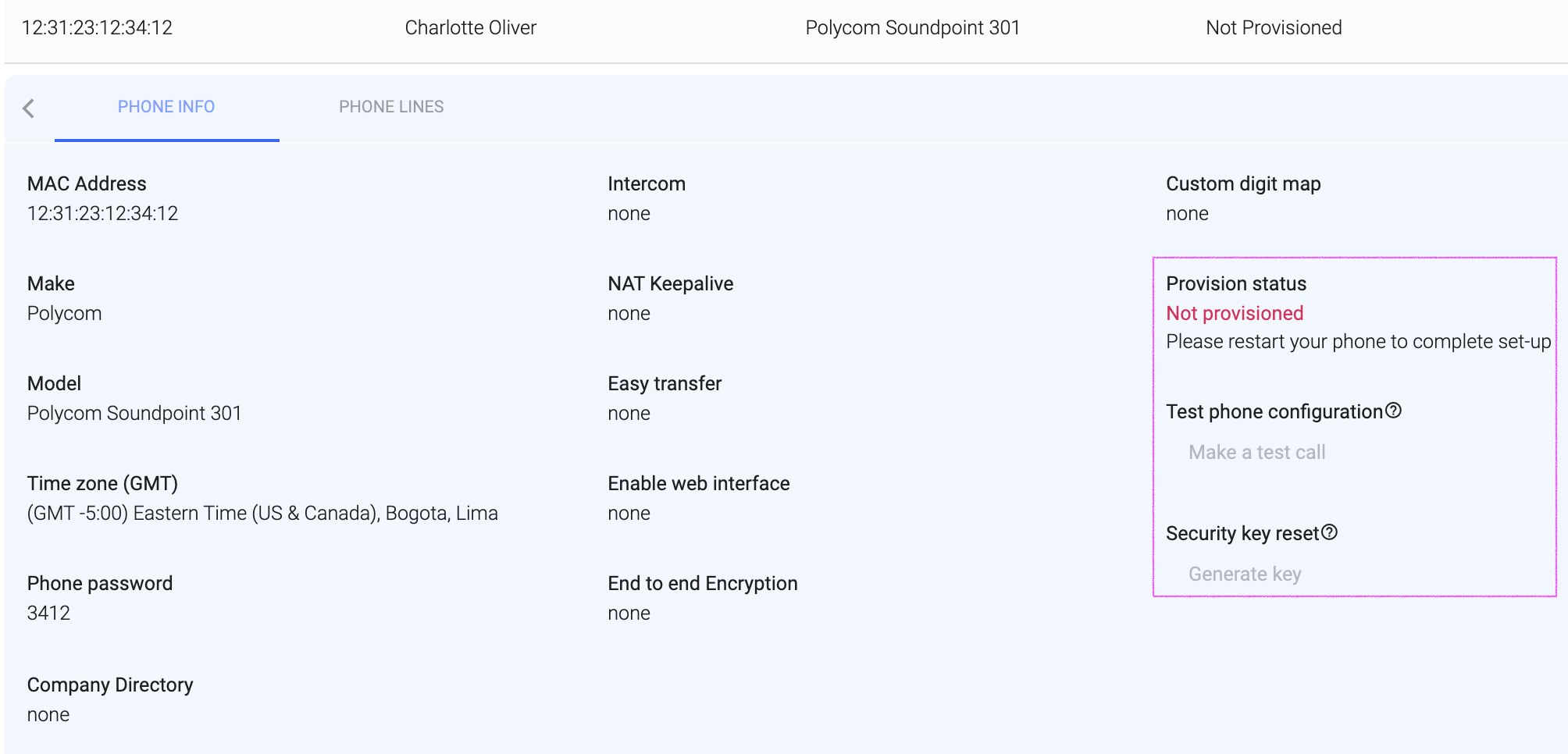 Screenshot of desk phone setup in the admin portal