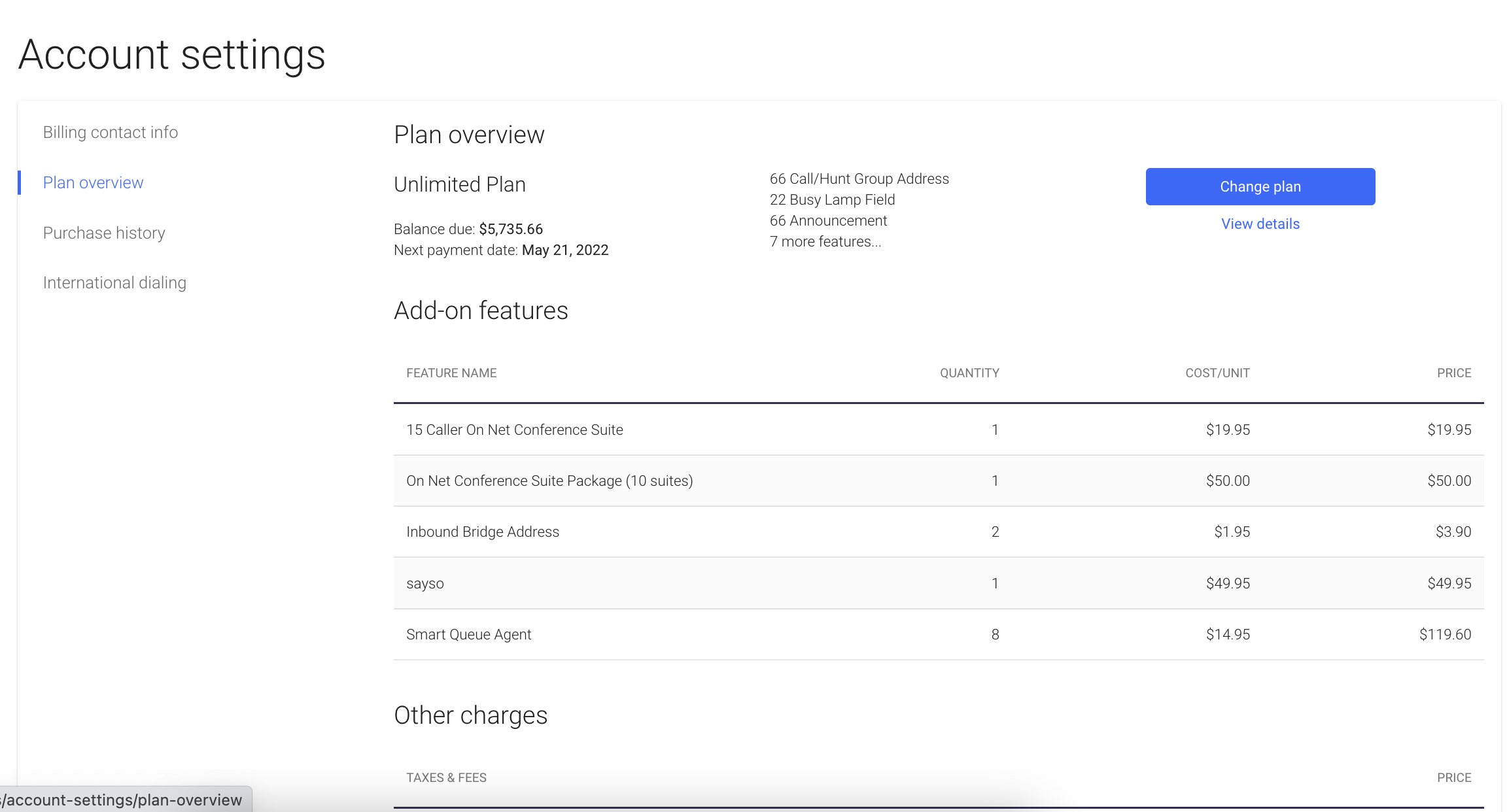 Screenshot of the plan overview section in the OnSIP softphone app.