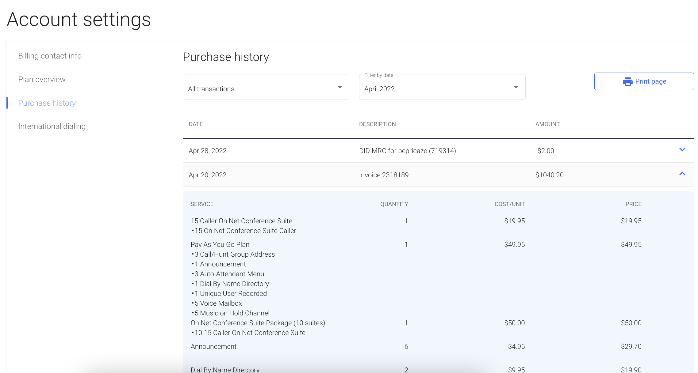 Screenshot of the purchase history section in the OnSIP softphone app.