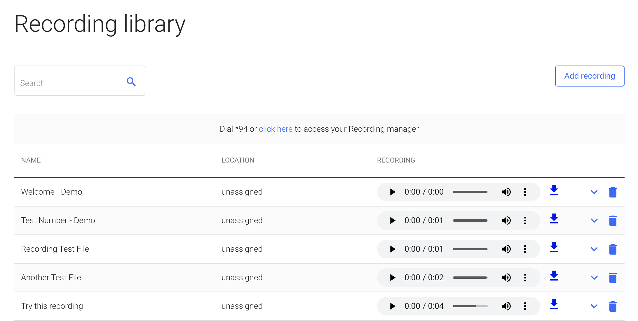 Screenshot of the recording manager link in the OnSIP web app.