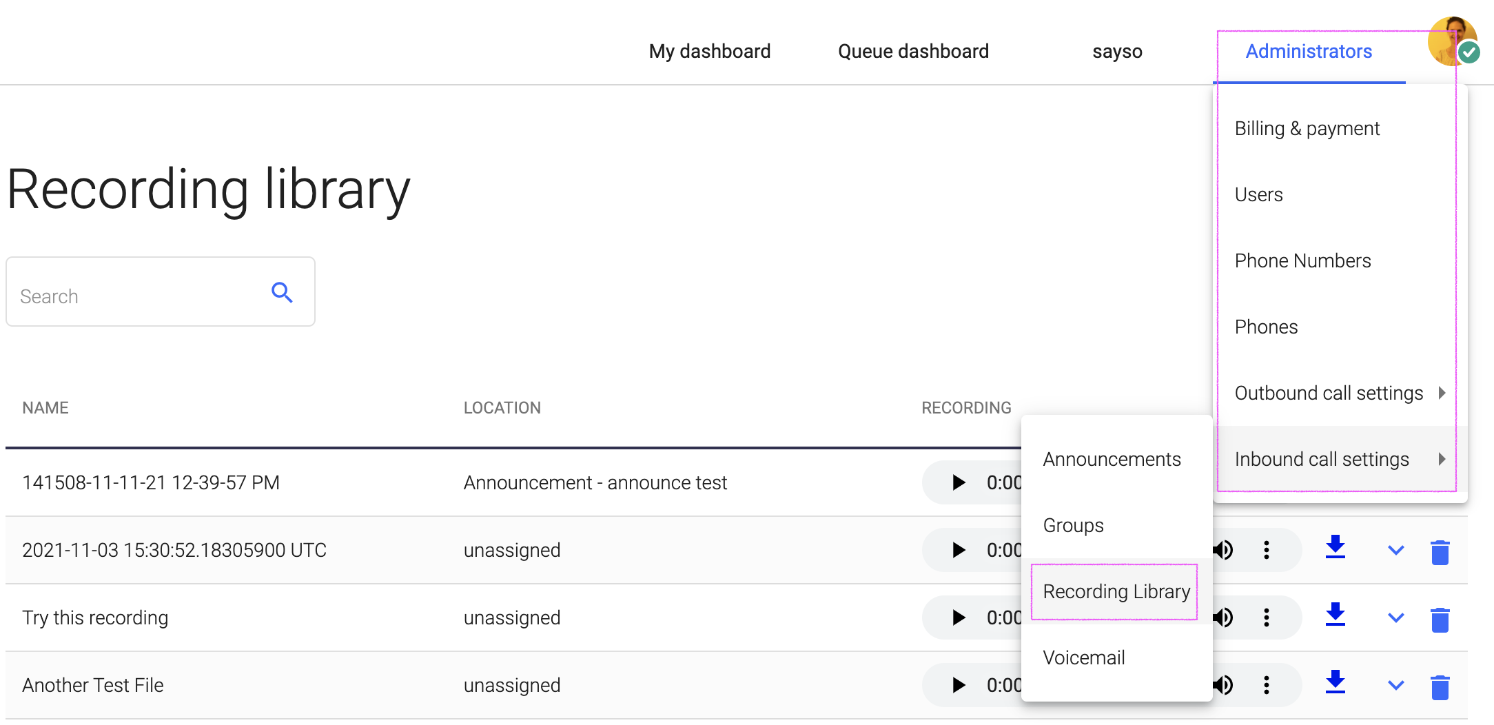 Screenshot of the Recording Library Screen