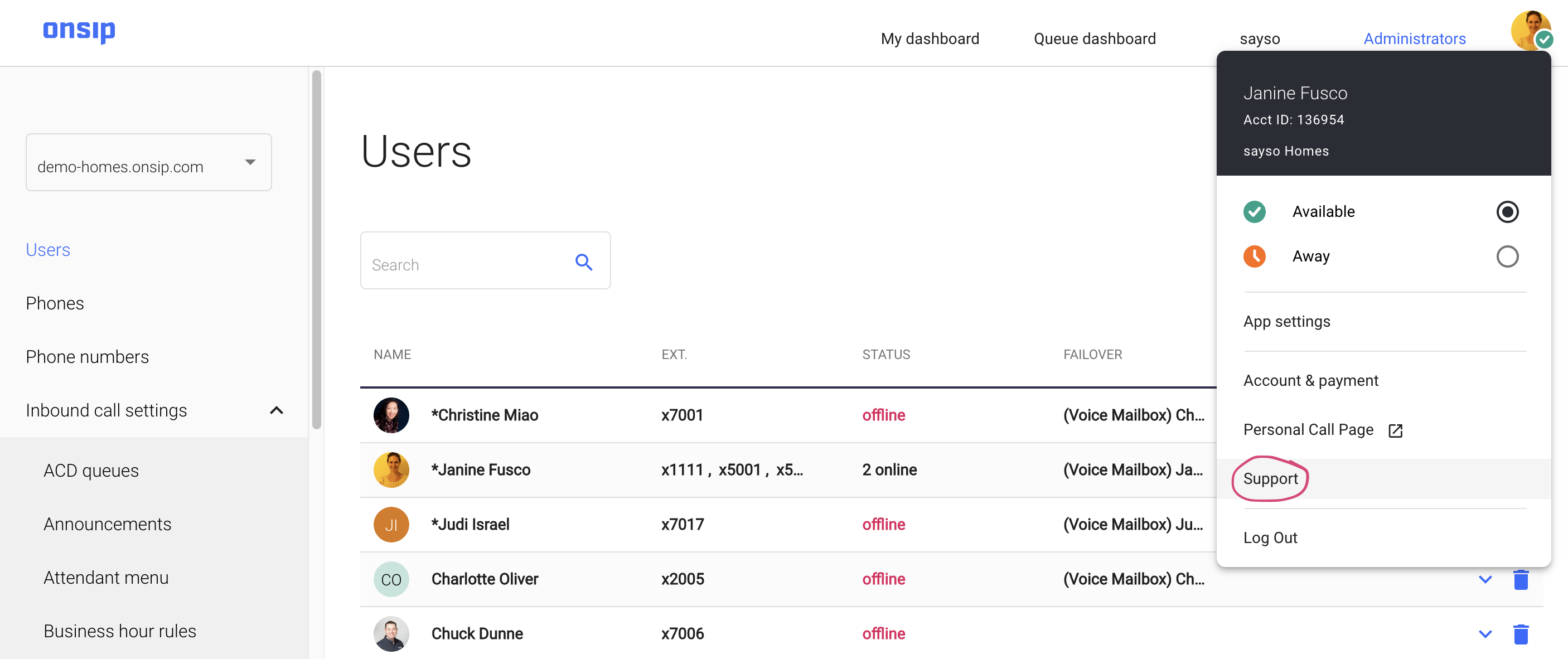 Screenshot of how to navigate to the support hub in the OnSIP web app.