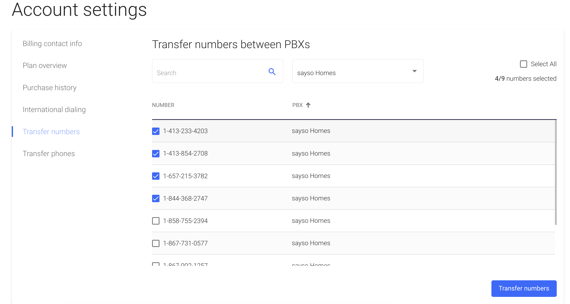 Screenshot of the transfer DIDs feature in the OnSIP web app.