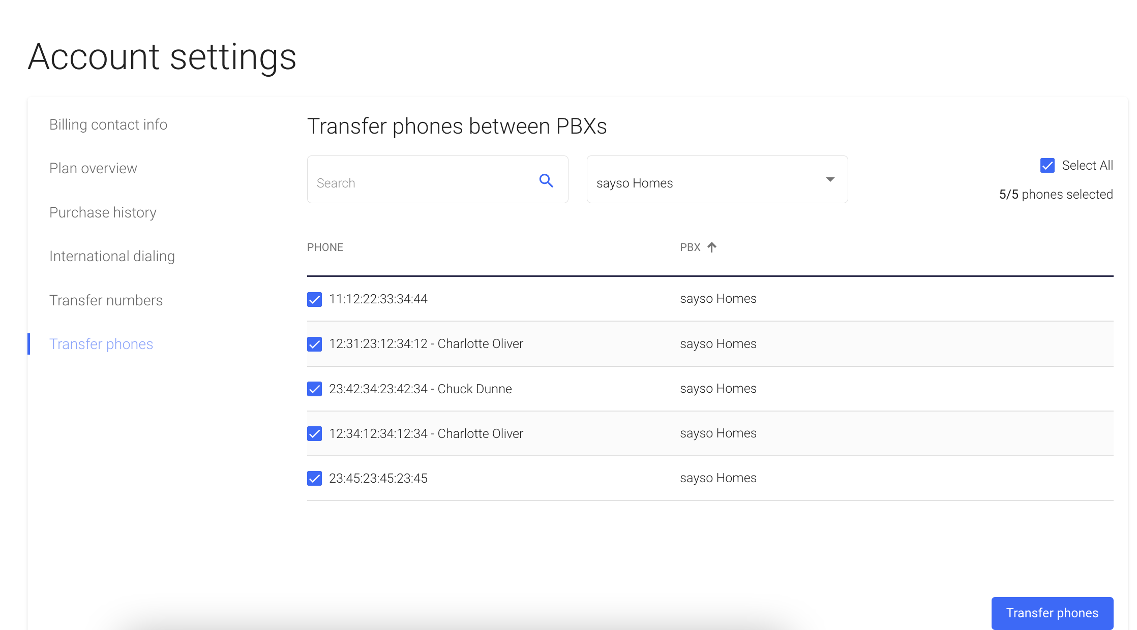 Screenshot of the transfer phones feature in the OnSIP web app.