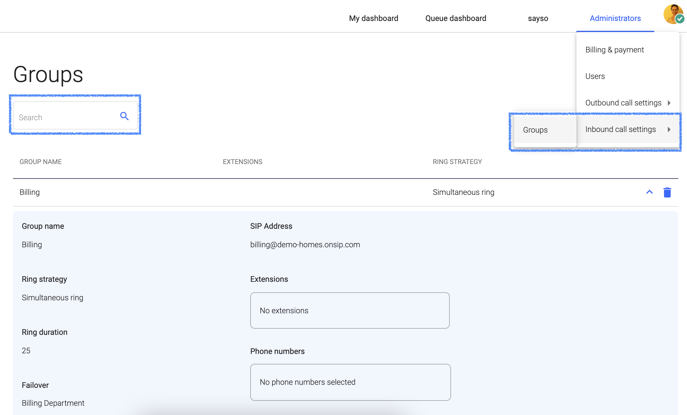 Configuring hunt groups in the OnSIP web app.