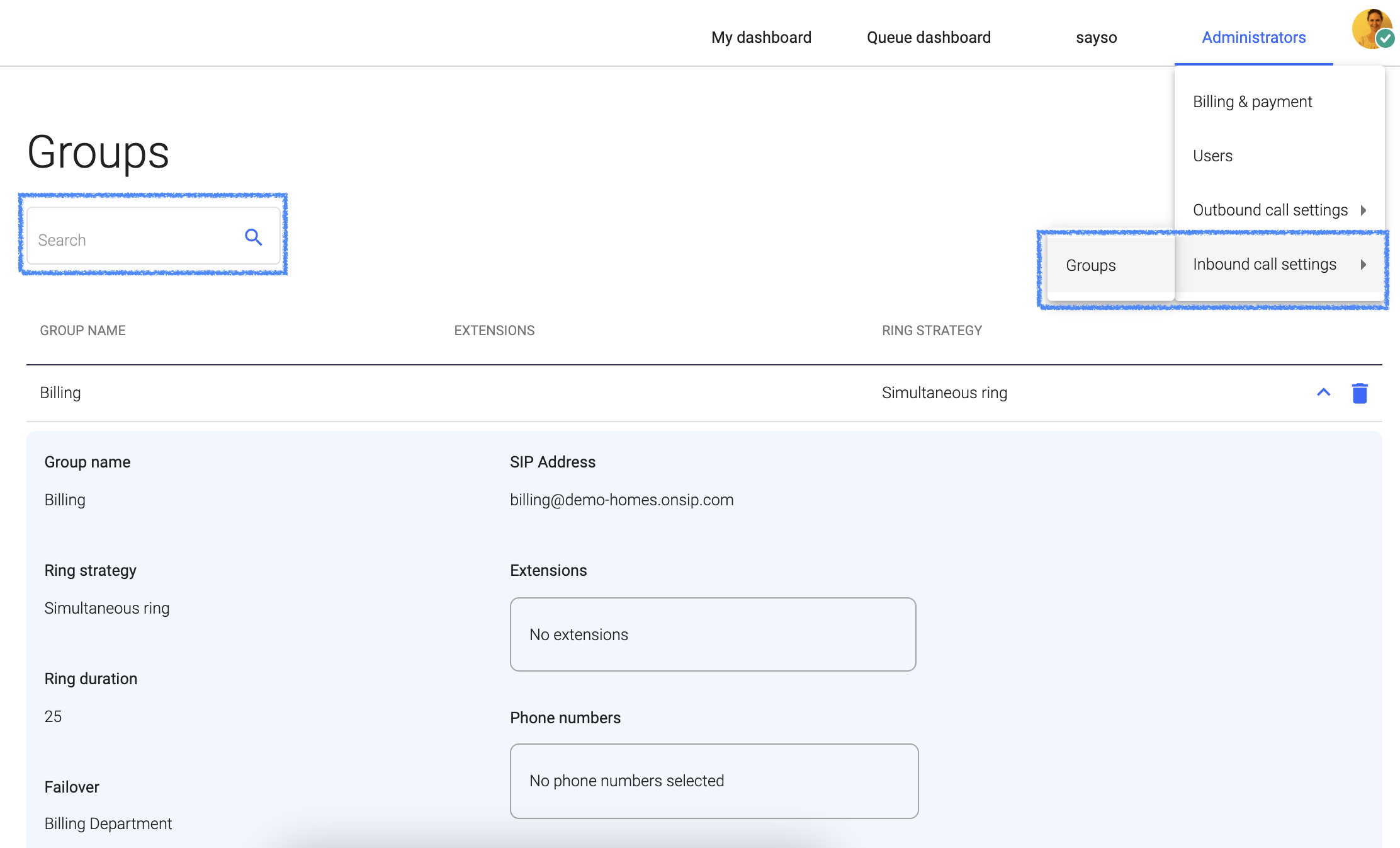 screenshot of admin portal overview of ring groups