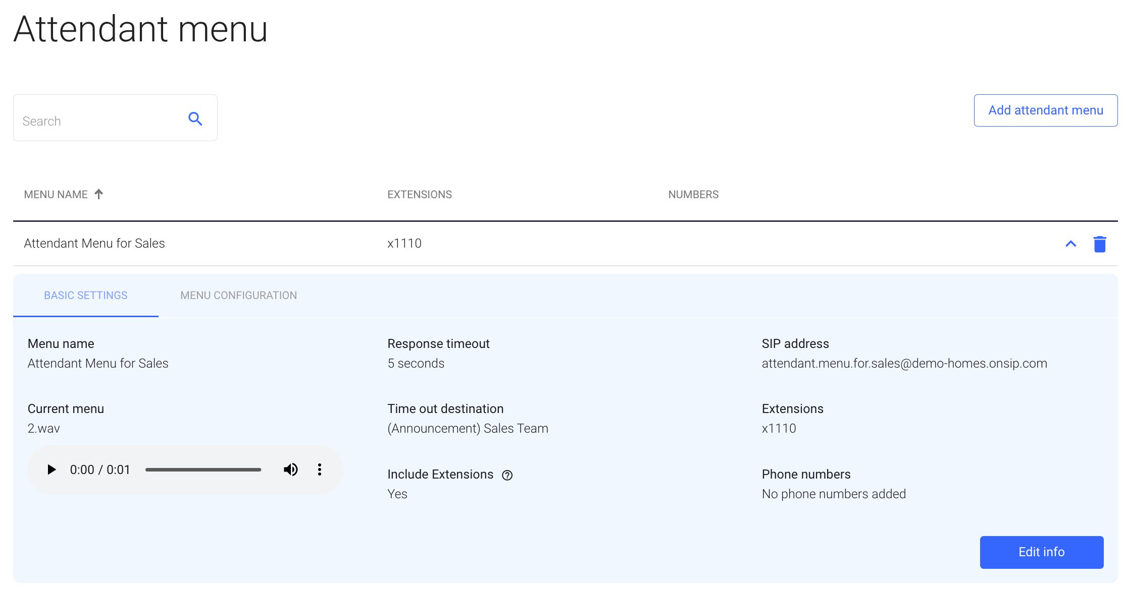 Editing an attendant menu in the OnSIP web app dashboard.