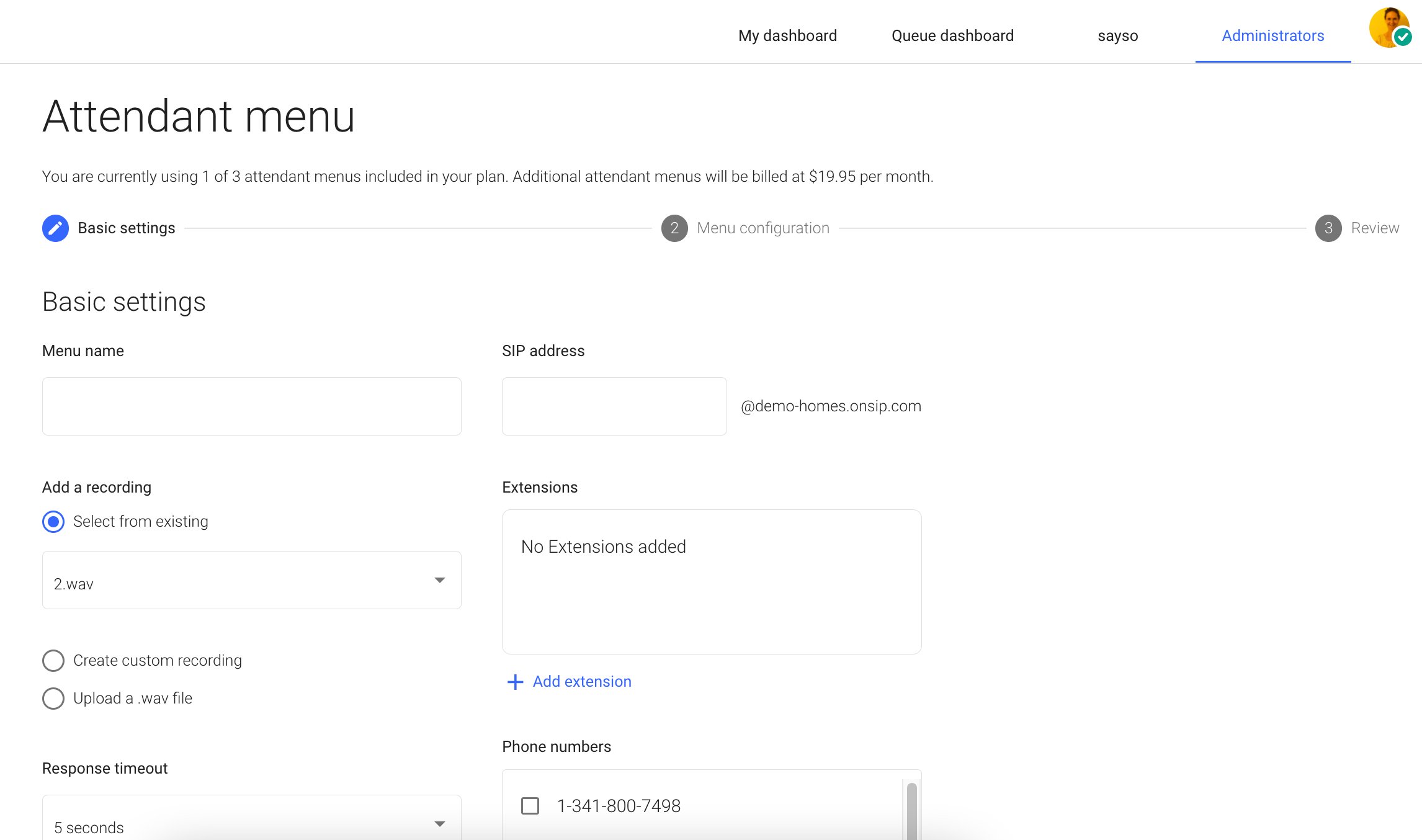 Following the attendant menu setup wizard in the OnSIP web app dashboard.