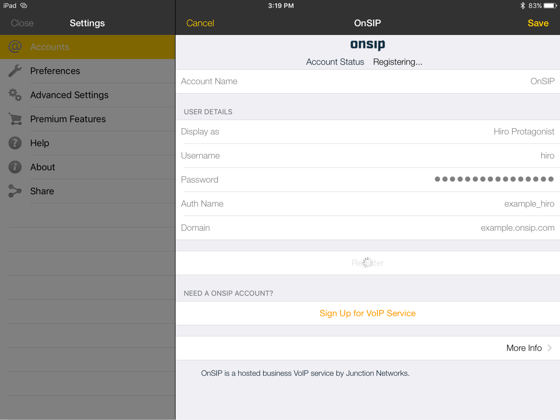 Bria for iPad account info