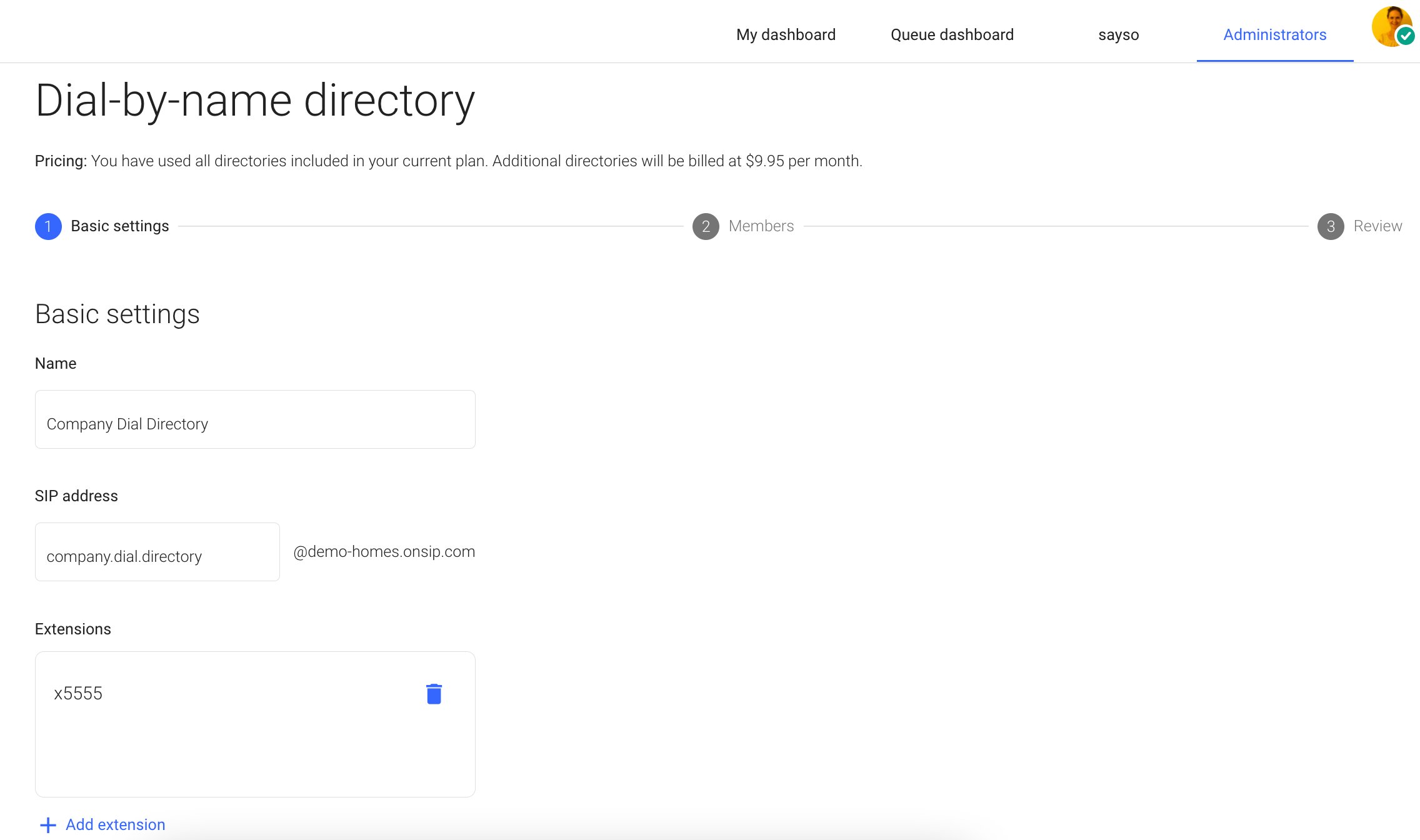 Following the dial by name directory setup wizard in the OnSIP web app dashboard.