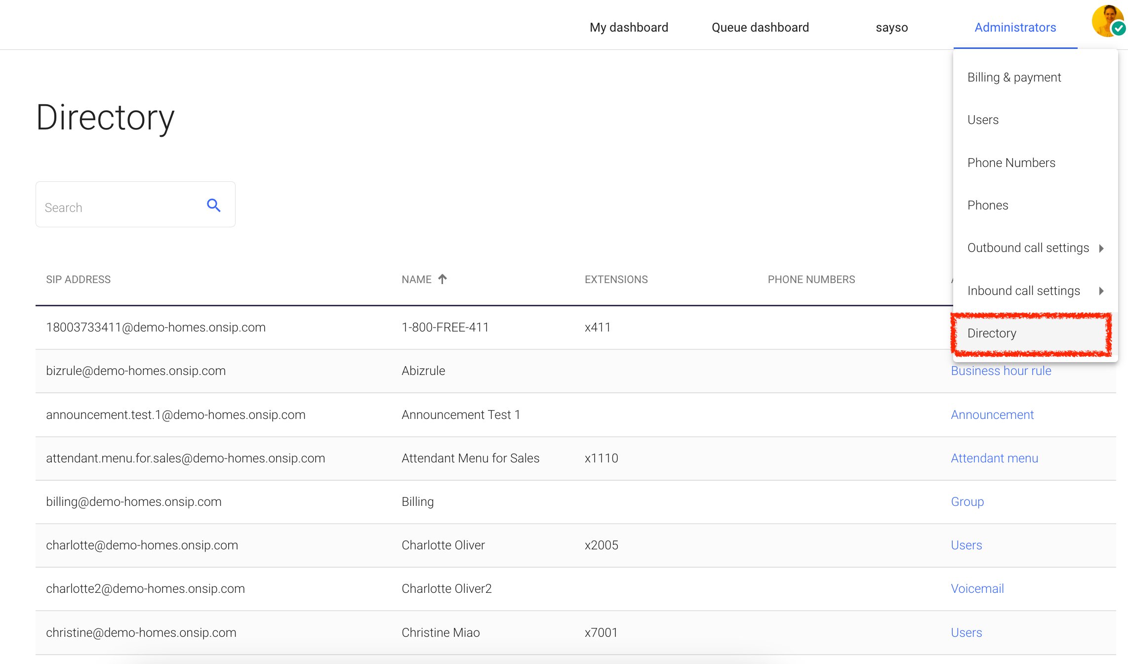 Locating the Directory in a dropdown menu in the OnSIP web app dashboard.