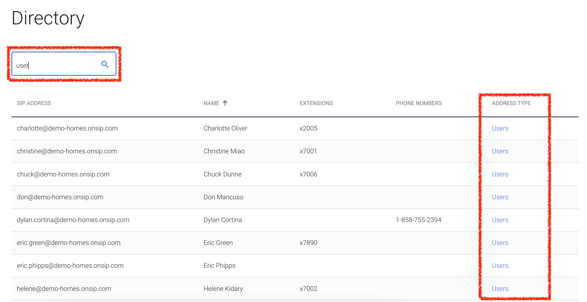 Searching the Directory for a resource in the OnSIP web app dashboard.