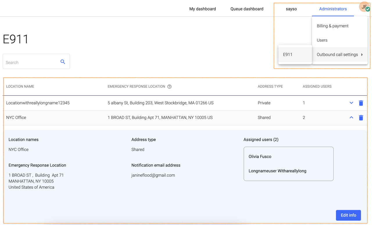 Screenshot of the E911 interface in the new admin portal.