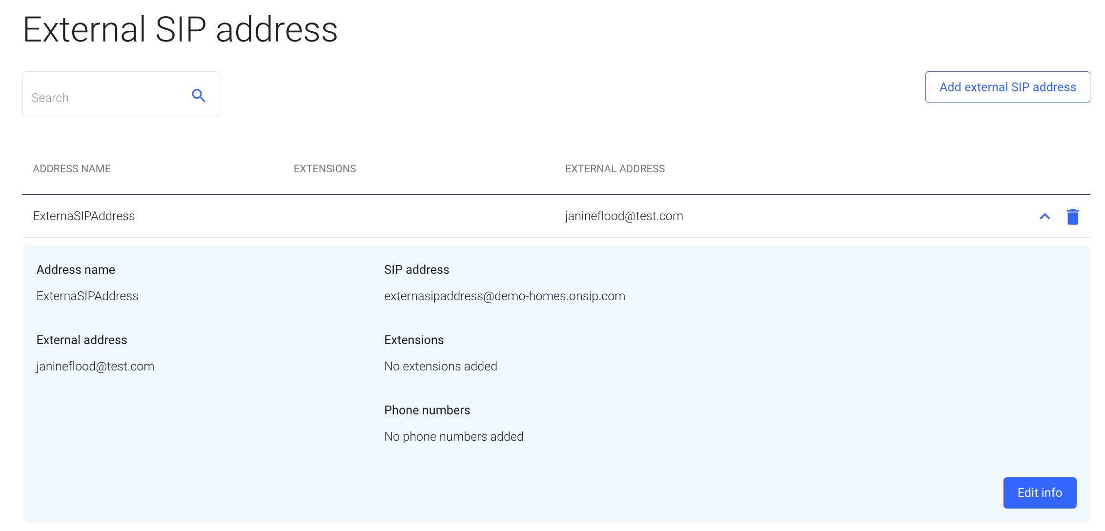 Locating an external SIP address in the OnSIP web app dashboard.
