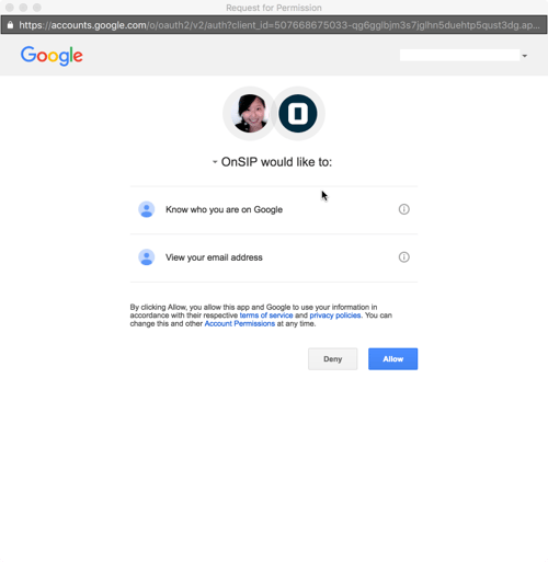 Authorize OnSIP to access your Google information