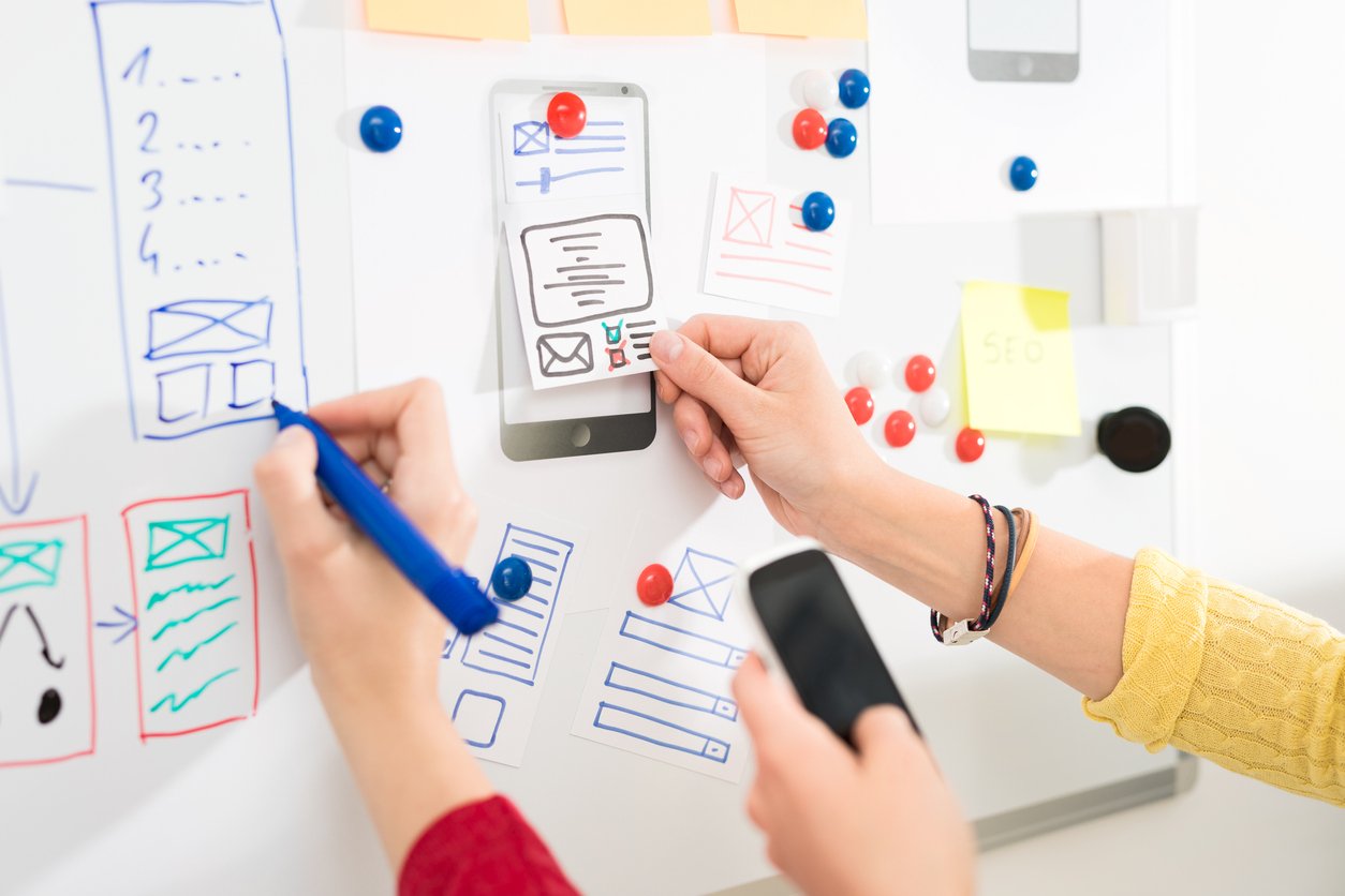 Designers putting CTA concepts up on a whiteboard.