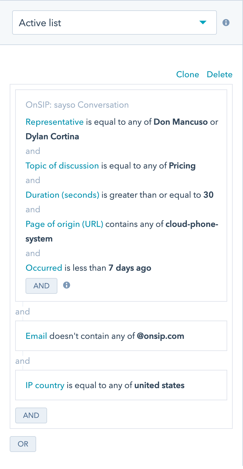 Screenshot showing HubSpot contact record filters.