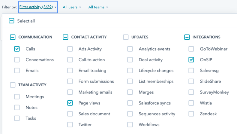 Screenshot showing HubSpot contact record filters.