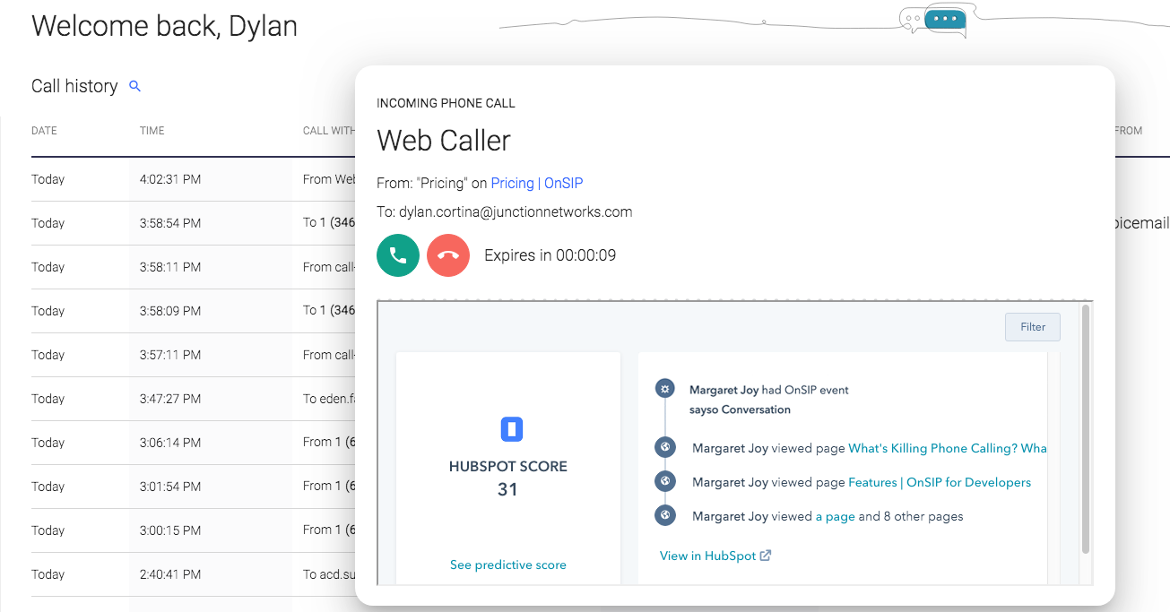 Screenshot showing incoming sayso call from representative's perspective with HubSpot CRM data displayed.