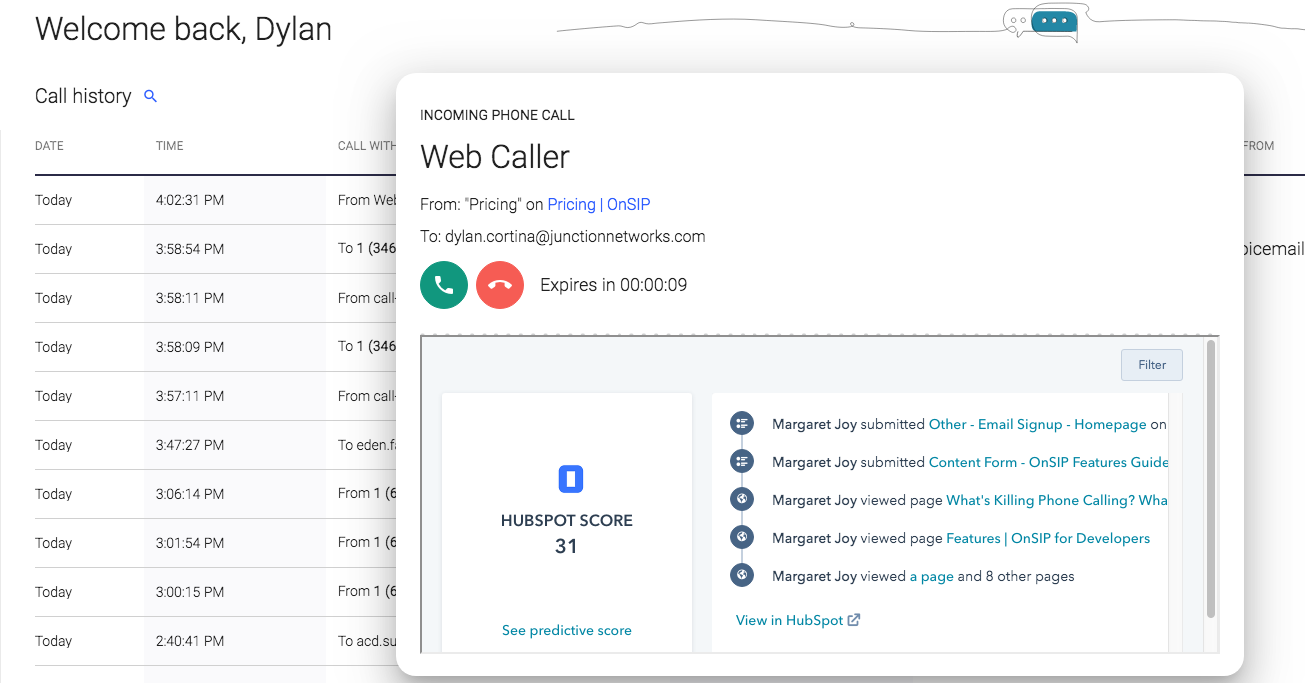 Screenshot showing an incoming sayso call, with a preview of the HubSpot contact record.