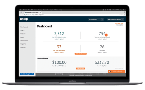 The main dashboard in the OnSIP Admin Portal