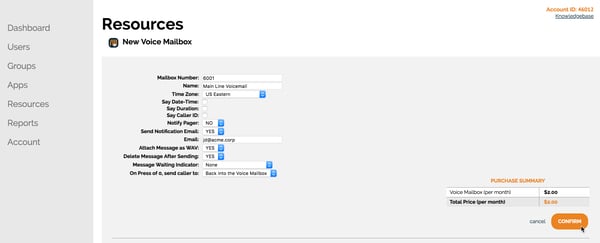 Creating a voice mailbox in the OnSIP Admin Portal