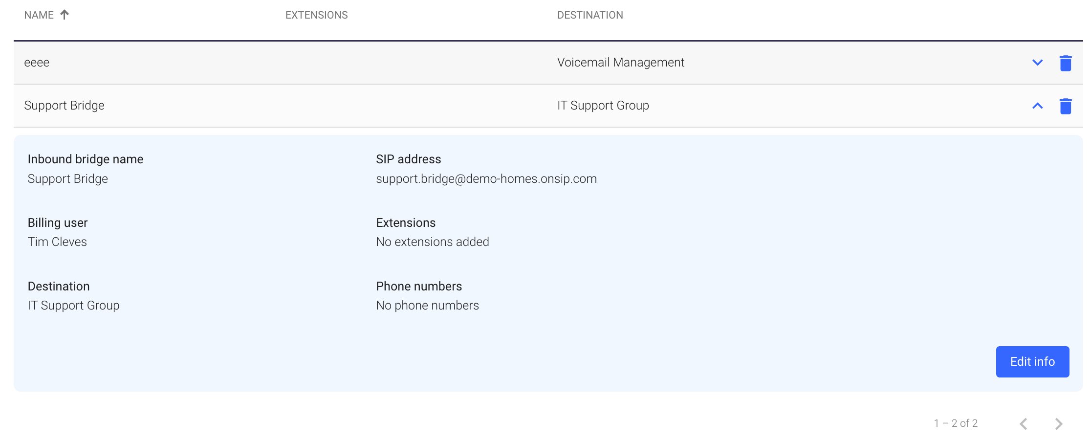 Locating an inbound bridge address in the OnSIP web app dashboard.