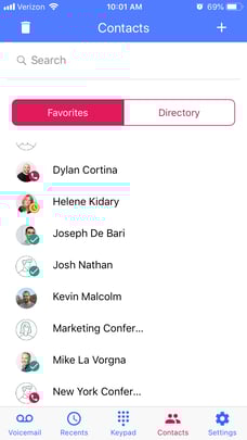 Presence statuses in the OnSIP mobile app.