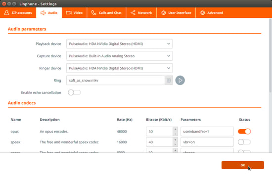 Linphone for Linux audio settings