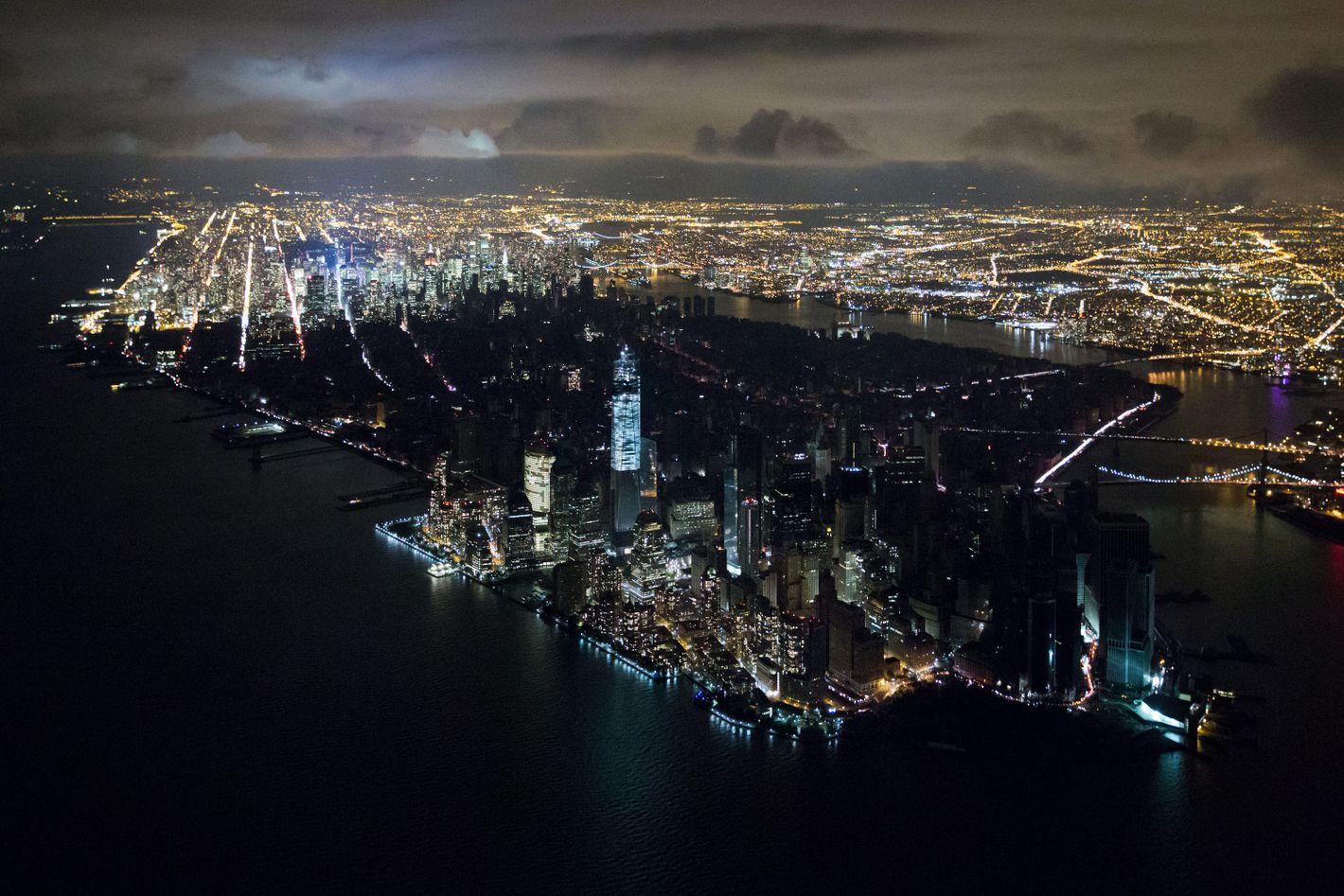 Photo showing Lower Manhattan without power after Hurricane Sandy.