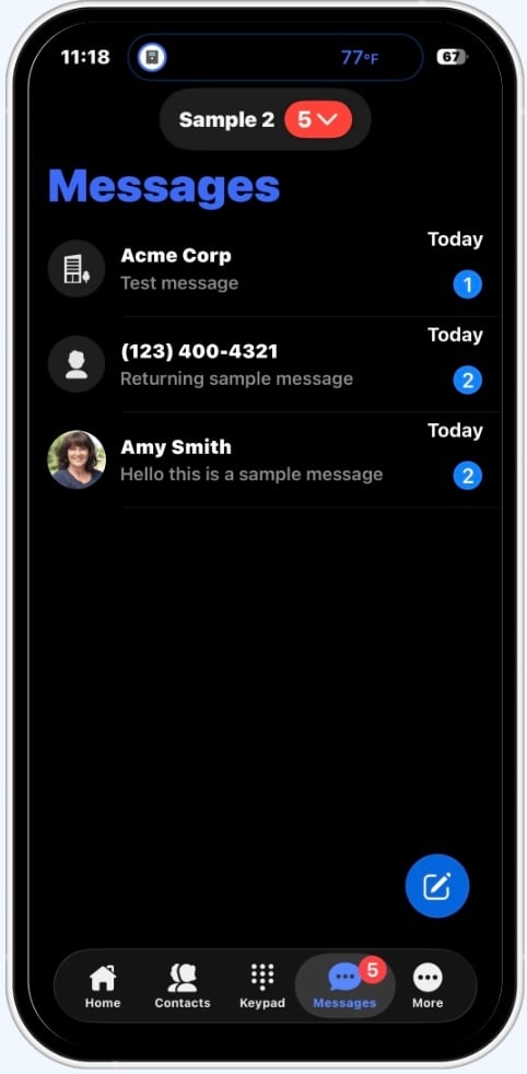 Business SMS tab in the OnSIP mobile app