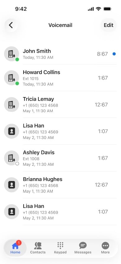 Voicemail tab in the OnSIP mobile app