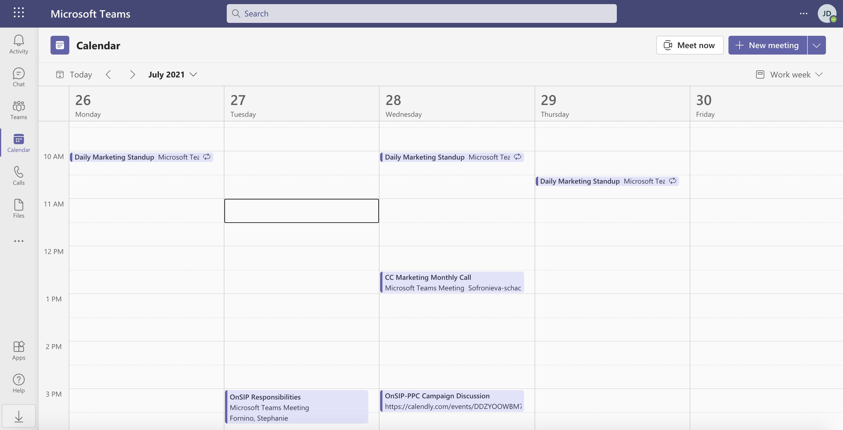 Calendar view in Microsoft Teams.