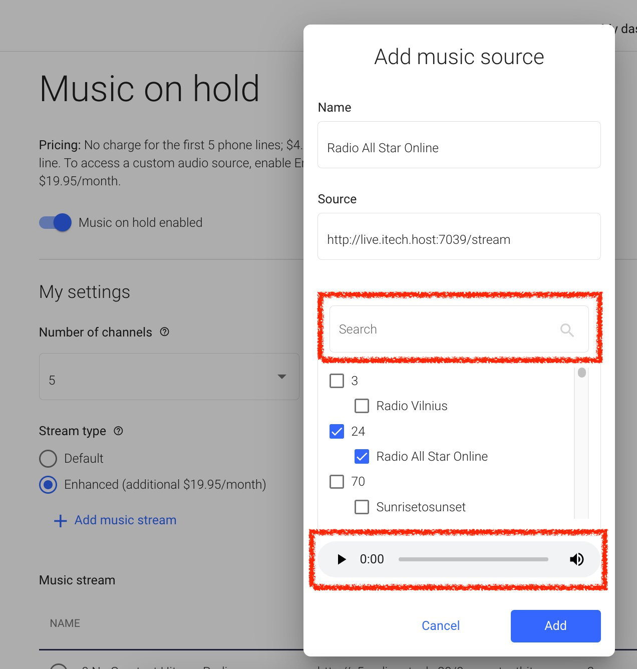 Selecting a music source for enhanced music on hold in the OnSIP web app dashboard.
