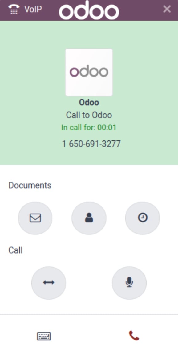 Screenshot of the Odoo VoIP integration with OnSIP