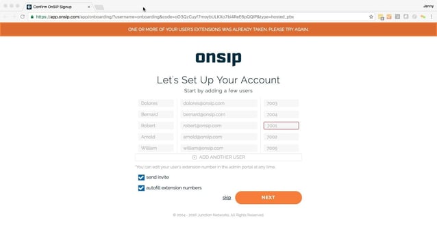 OnSIP onboarding error