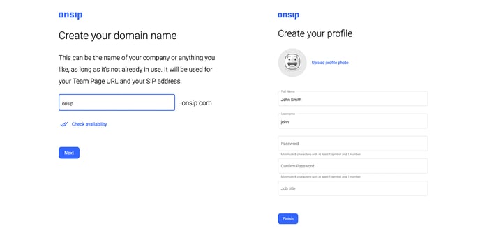 Screenshot of OnSIP onboarding process for a new account.