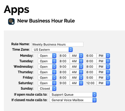Screeenshot of OnSIP's Business Hour Rule set screen in the Admin Portal.