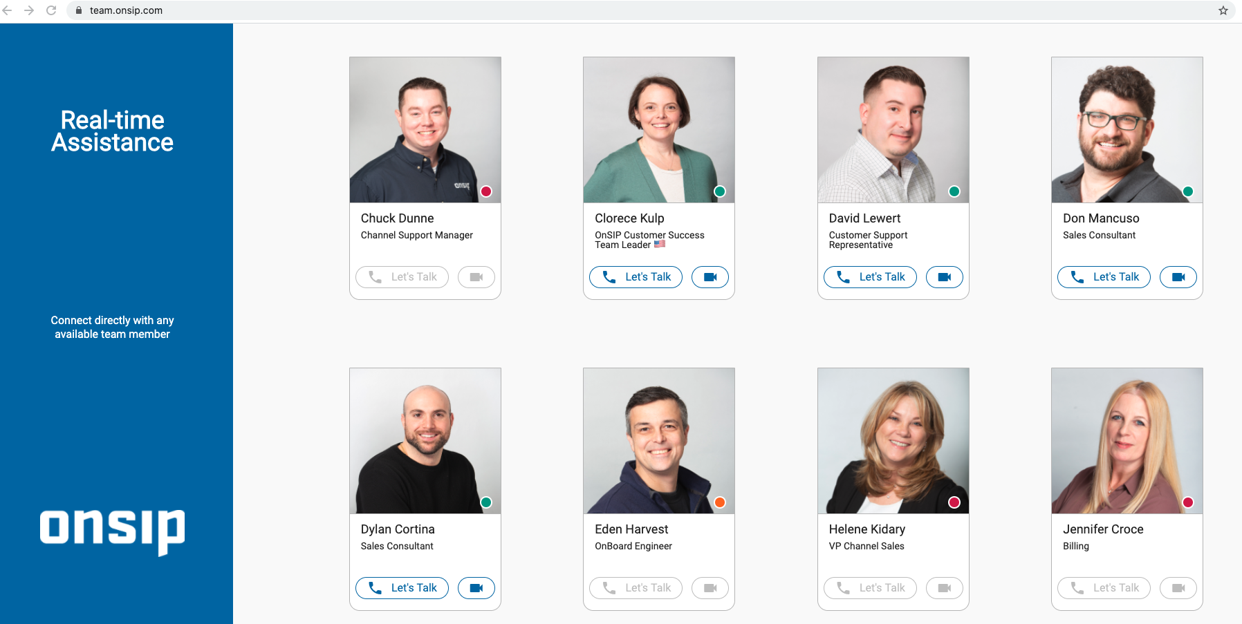 Screenshot of OnSIP's Team Pages, which offer click-to-call access to your representatives.