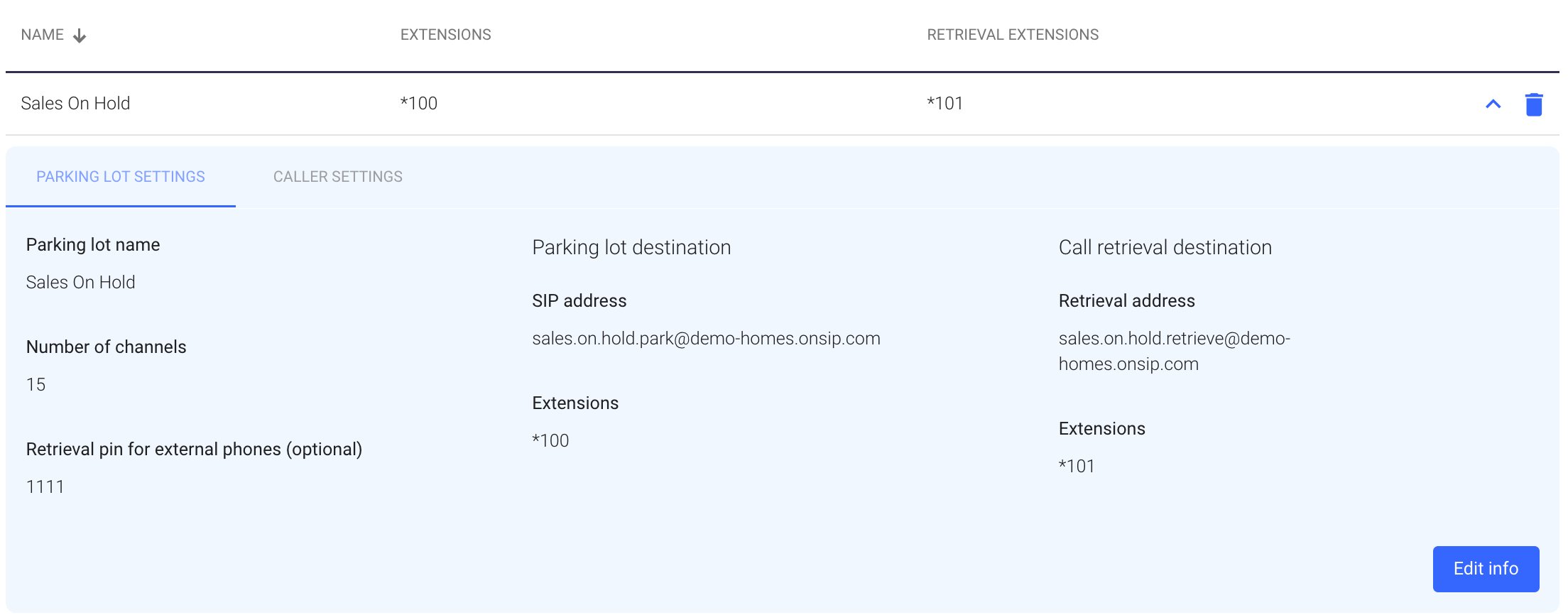 Configuring a parking lot in the OnSIP web app dashboard.