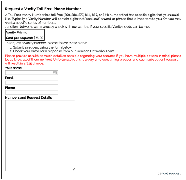 Request a toll free vanity number from OnSIP