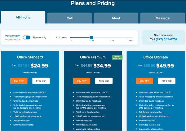 RingCentral's 4 pricing options.