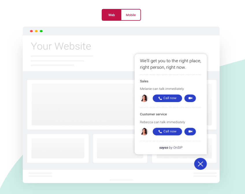 Screenshot of OnSIP sayso: voice and video chat on your website.